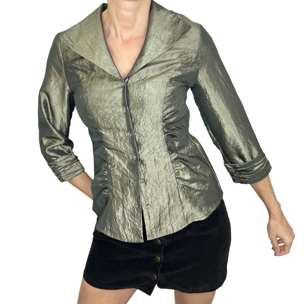 PULI shimmery green shawl collar 3/4 special occasion top blouse 4